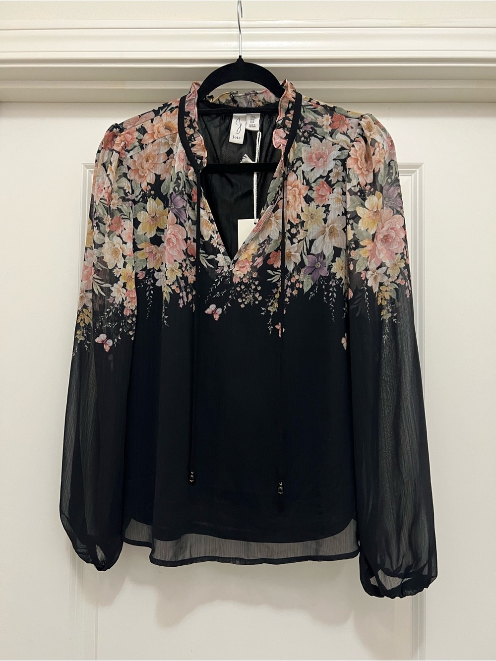 Joie Black Floral Sheer Tie-Neck Blouse